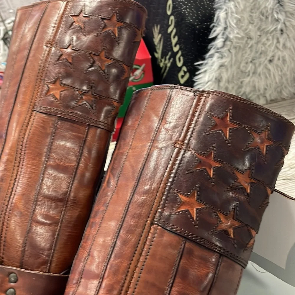 Frye Brown Leather Harness Knee-High Heeled Boots - Picture 2 of 10